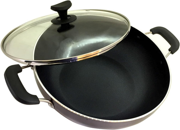 Kadhai Nonstick Kadai with Glass Lid All Purpose Cookware Indoor Outdoor Aluminum Induction Base Deep Fry Pan Stir Fry Pan Wok Skillet Deep Frying Pan (240Mm) 2.2 Ltr1