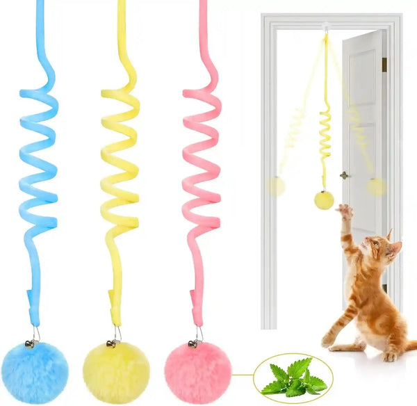 Potaroma Hanging Fluffy Cat Catnip Ball Toys 3 Pcs with Bell, Interactive Cat Teaser Retractable Toys Indoor Kitten Play Chase Exercise Physical Stimulation | Cat Teaser, Retractable Toys Indoor Kitten Play Chase Exercise Physical Stimulation1