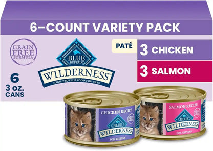 Blue Buffalo Wilderness Kitten Grain-Free Chicken Paté & Salmon Paté Wet Cat Food with DHA, High-Protein & Made with Natural Ingredients, Supports Healthy Growth & Development, 3-Oz. Each (6 Count)1