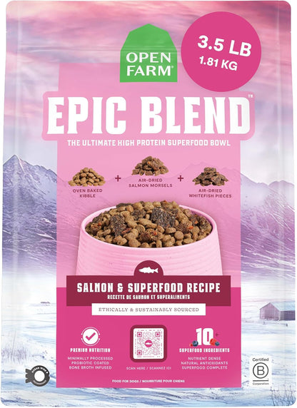 Open Farm Epic Blend Dry Dog Food, High Protein Salmon Kibble, 3.5Lb Bag | Air Dried Chunks, Probiotic Coated, Grain Inclusive, All Breeds and Life Stages, Traceable Ingredients, Non-Gmo Superfoods.1
