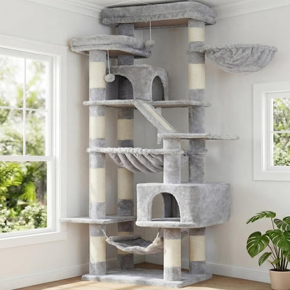 Heybly Cat Tree, 71-Inch-Tall Tower for Indoor Cats with 2 Perches HCT034W | Large Cat Furniture with 2 Big Condos, 2 Hammocks, Basket, Scratching Pad, Multi-Level Cat Condo, Light Gray1