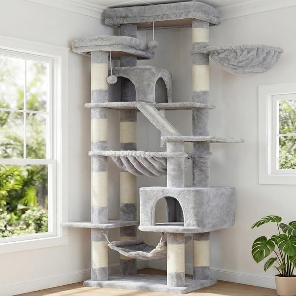 Heybly Cat Tree, 71-Inch-Tall Tower for Indoor Cats with 2 Perches HCT034W | Large Cat Furniture with 2 Big Condos, 2 Hammocks, Basket, Scratching Pad, Multi-Level Cat Condo, Light Gray1