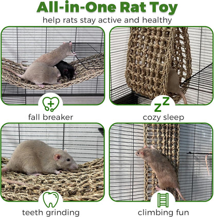 30X7Inch Rat Climbing Toys for Cage, Chewable Natural Seagrass Mat | with Metal Hooks, Soft Fall Breakers for Rats, Rat Ladder Bridge Toy with Mild Grassy Scent, Rodent Hammock Cage Accessories4