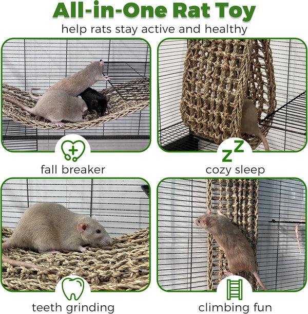 30X7Inch Rat Climbing Toys for Cage, Chewable Natural Seagrass Mat | with Metal Hooks, Soft Fall Breakers for Rats, Rat Ladder Bridge Toy with Mild Grassy Scent, Rodent Hammock Cage Accessories4