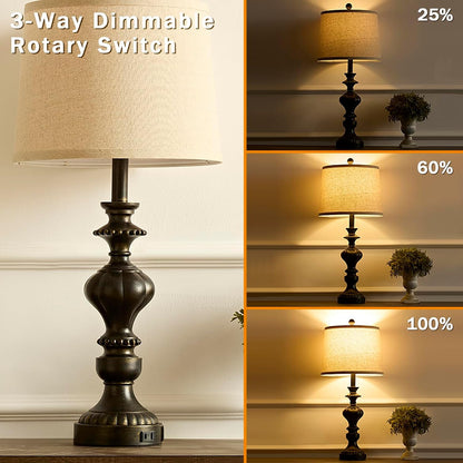 27.5" Farmhouse Table Lamps Set of 2, 3 Way Dimmable Touch Lamps | Touch Control, Dimmable, USB C+A Ports & AC Outlet, Bulbs Included, Bedside Nightstand Lamp for Living Room, Bedroom2