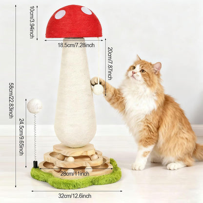 Mushroom Cat Scratching Post Cat Tree, Cute Cat Scratcher Tower with Interactive Ball Two-Layer Track Spring Ball Toys, Mushroom Scratch Post Cat Sisal Scratcher with Catnip for Indoor Cats2