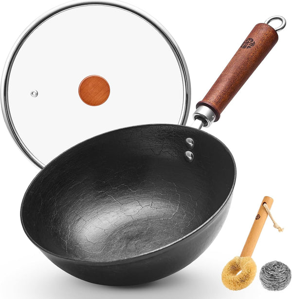 9.5 Inch Small Cast Iron Wok with Lid - Handcrafted Tortoise Shell Texture Uncoated Stir Fry Pan, Flat Bottom Wok for Electric, Induction & Gas Stoves, 2.5 Quart (Requires Seasoning)1