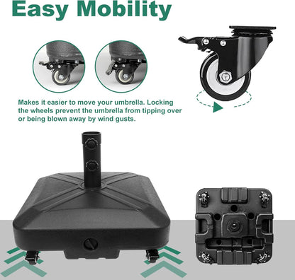 Patio Umbrella Base Heavy Duty with Wheels Square Market Stand for Outdoor 4 Locks 2 Knobs 125Lb Capacity, Black3