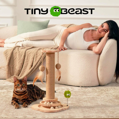 TINYBEAST Wooden Cat Scratching Post Fot Kittens, 4 in 1 Cat Scratcher Toy with Cat Ball Tracks, 18" Tall Sisal Scratch Post for Indoor Kittens, Interactive Feather Toy and 2 Sisal Hanging Balls4