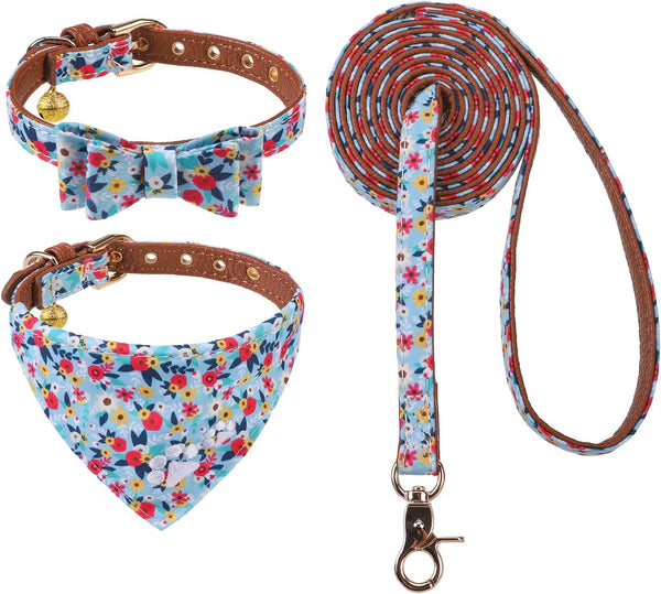 EXPAWLORER Puppy Collar and Leash Set - Embroidery Pawprints Plaid Dog Collar and Dog Leash Set, Bow Tie and Bandana Dog Collar with Bell, Cute Collar and Leash for Dogs Cats Outdoor Walking, Blue S25