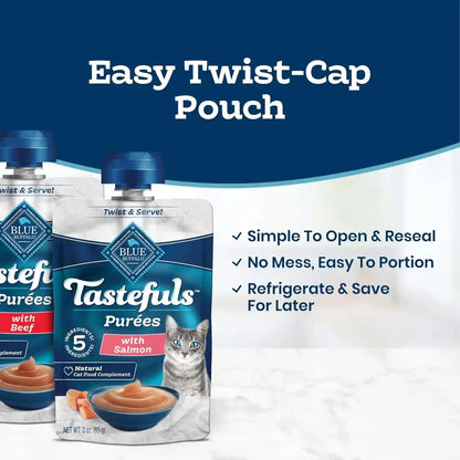 Blue Buffalo Tastefuls Purées Variety Pack Wet Cat Food Complement (Salmon, Chicken, Tuna, Beef) Made with Natural Ingredients, for All Life Stages, 3-Oz. Resealable Pouches (12 Count)4