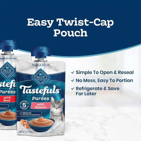 Blue Buffalo Tastefuls Purées Variety Pack Wet Cat Food Complement (Salmon, Chicken, Tuna, Beef) Made with Natural Ingredients, for All Life Stages, 3-Oz. Resealable Pouches (12 Count)4