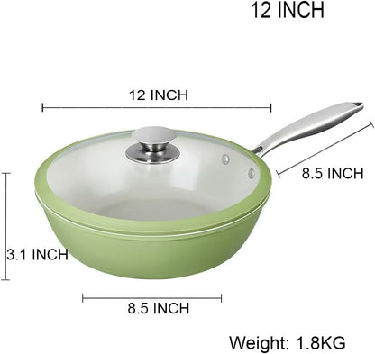 Nonstick Ceramic Frying Pan, Stir Fry Pans with Lid, Gas Electric & Induction Compatible (Green, Pan with Lid 12 Inch)2