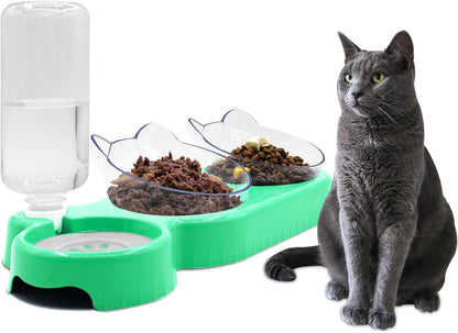 Triple Cat Bowls,15°Tilt 3-In-1 Water Feeder Bowls Cat Double Food Bowls with Automatic Water Bottle Bowl, Whisker Friendly Wet and Dry Cat Elevated Feeding Dishes for Small Cat and Puppy (Pink)13