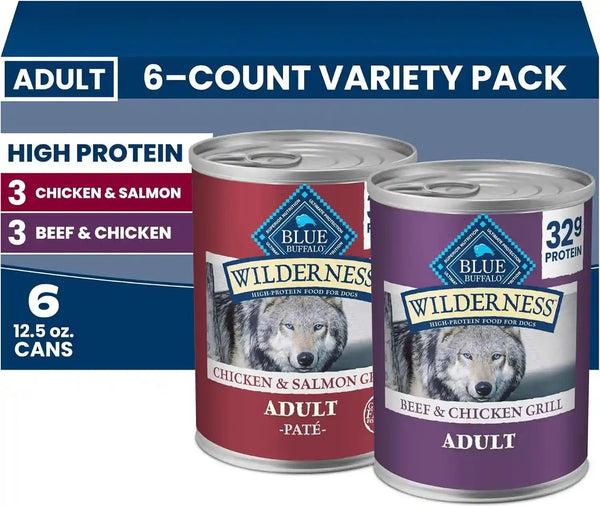 Blue Buffalo Wilderness Adult Wet Dog Food Variety Pack, Beef & Chicken Grill, 32G Protein, and Chicken & Salmon Grill, 35G Protein, Grain-Free & High-Protein, Natural, 12.5-Oz. Each (6 Cans)1