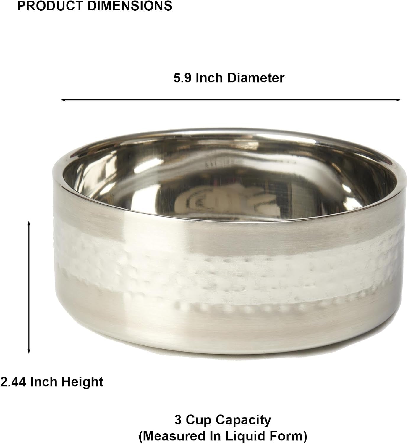 petrageous-18435-sanibel-stainless-steel-hammered-double-walled-dog-bowl-5-9-inch-width-and-2-44-inch-height-3-cups-capacity-metallic