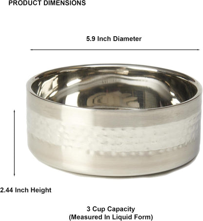 Petrageous 18435 Sanibel Stainless-Steel Hammered Double Walled Dog Bowl 5.9-Inch Width and 2.44-Inch Height 3-Cups Capacity, Metallic3