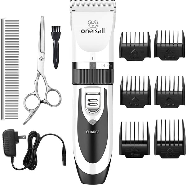 Oneisall Dog Clippers Grooming Kit for Dogs Cats Pets | Low Noise, Rechargeable Cordless, Long Battery Life, Simple for Beginners, 6 Guide Combs, Removable & Rinsable Blade10