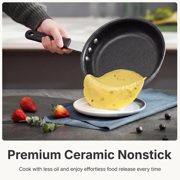 Nonstick Frying Pan, 8 Inch Heavy-Gauge Aluminum Skillet with Ceramic Nonstick Coating & Stainless Steel Base for Induction, Electric, Gas, Oven Safe, Black Hanging Handle | Aluminum Body Even Heating, Steel Handle Silicone Grip, Oven Safe 392°F Sleeve Off, Gas Electric Stovetop3