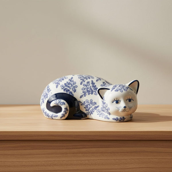 Ceramic Chinoiserie Cat Sculpture for Home Decor - Chic Ornaments for Bathroom, Office, Room and Living Room Display Styling - Sculptural Figurine for Shelf or Coffee Table Decor - 4", Blue & White1