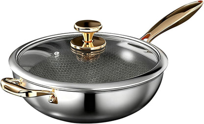 Wok Pan, Hybrid Nonstick Wok with Lid,Induction Non Stick Stainless Steel Large Deep Woks&Stir-Fry Pans,Stay-Cool Handle Skillets,Pfoa Free Cookware,With Lid,11.81In1