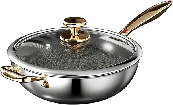 Wok Pan, Hybrid Nonstick Wok with Lid,Induction Non Stick Stainless Steel Large Deep Woks&Stir-Fry Pans,Stay-Cool Handle Skillets,Pfoa Free Cookware,With Lid,11.81In1