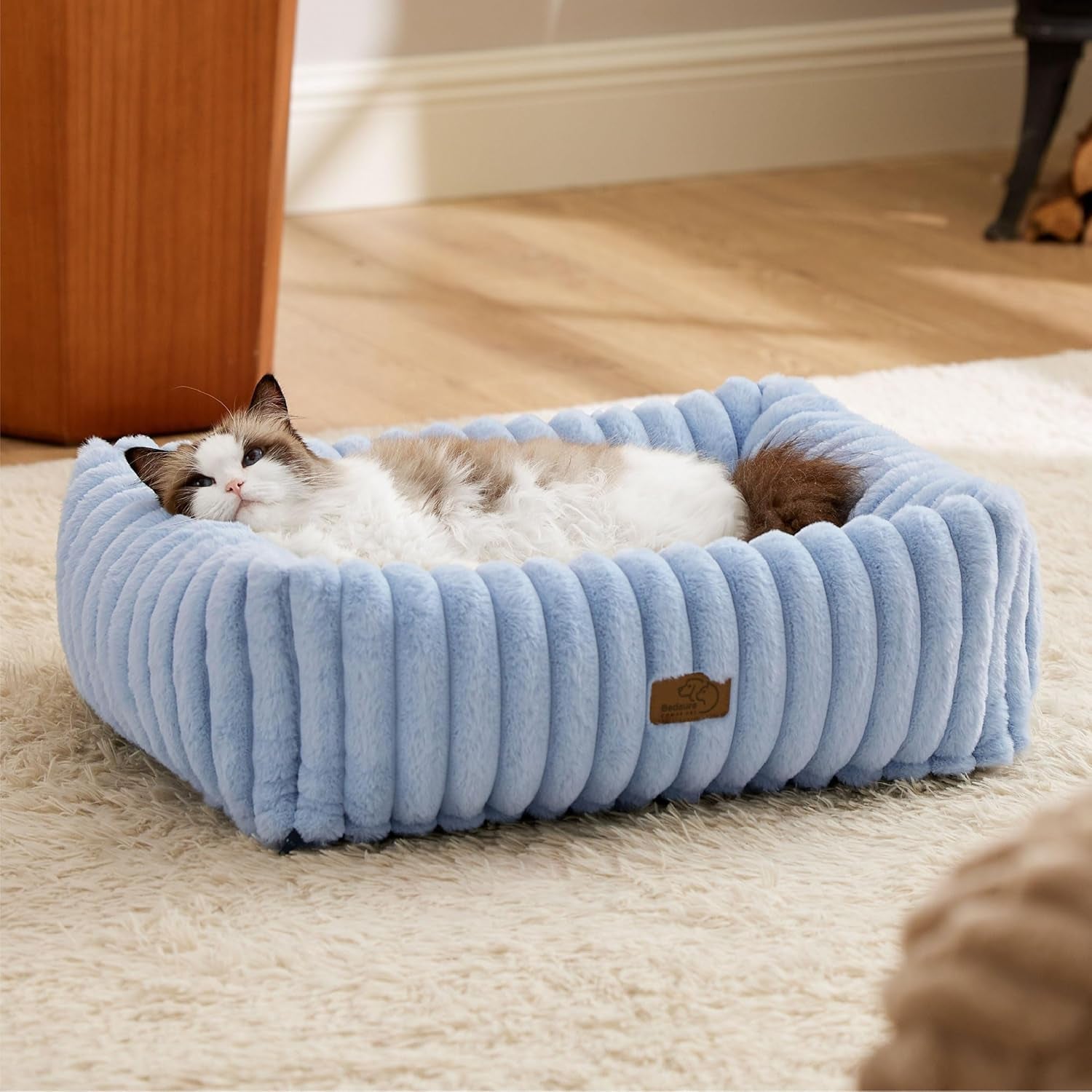 bedsure-comfyfleece™-cute-dog-bed-for-small-medium-dogs-washable-25in-cream-furry-puppy-beds-square-rectangle-orthopedic-corduroy-aesthetic-pet-beds-removable-zipper-cover-non-slip-bottom-up-to-15-lbs