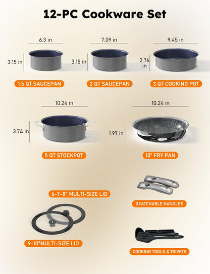 Pro  Ceramic Pots and Pans Set & 2026 Upgraded Hybrid 3-Ply Stainless Steel Frypan, 2X Non Stick, High Heat Sear, PFAS PTFE PFOA Free Non Toxic Induction Cookware,Removable Handle,Oven Safe,12Pc12