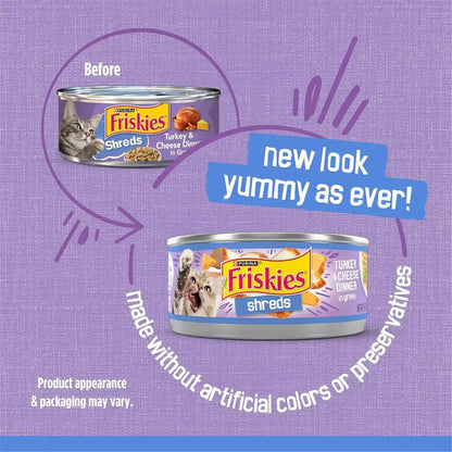 Purina Friskies Shreds Turkey and Cheese Dinner in Gravy High Protein Wet Cat Food - (Pack of 24) 5.5 Oz. Cans2