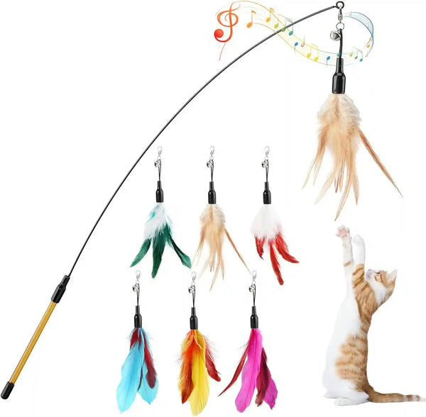 Pawaboo Feather Teaser Cat Toy - Interactive Wand with Extra Long 34.5" Wand and Small Bell, Fun Exerciser Playing Toy for Kittens or Cats, Brown Feather10
