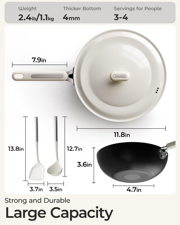 Carbon Steel Wok Pan - 11.8 Inch Pre-Seasoned Flat Bottom Chinese Woks & Stir Fry Pans with Lid, Lightweight Kitchen Cookware for All Stovetops, Gas, Electric, Gift for Women/Mom with Spatula Spoon3