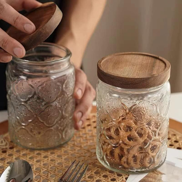 Vintage Glass Kitchen Storage Counter Jar, Kitchen and Pantry Glass Storage, with Airtight Wood Lid for Cookies, Candy, Coffee Tea Beans, Grains,Food Storage Containers (Plum-Pattern*2)7