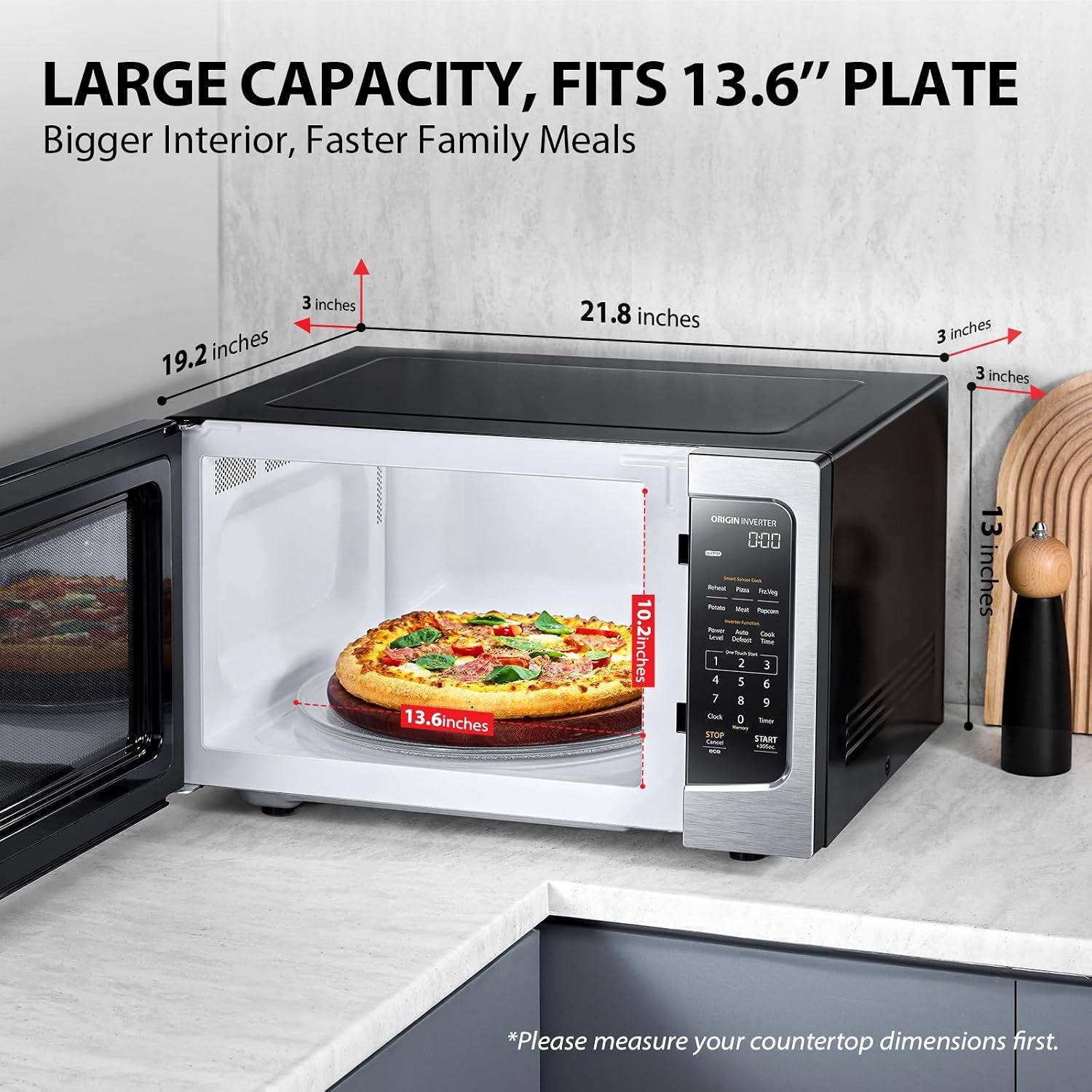 ml-em45pitss-countertop-microwave-oven-with-inverter-technology-kitchen-essentials-smart-sensor-auto-defrost-1-6-cu-ft-13-6-removable-turntable-33lb-1250w-stainless-steel-smart-sensor-auto-defrost-13-6-removable-turntable-mute-function-1250w-stainless-steel