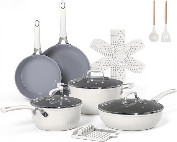 15-Piece Ribbed Ceramic Cookware Set, Pots and Pans Set Non Stick, Induction Ready, Healthy Non Toxic Kitchen Cooking Set Pfas/Pfoa/Ptfe-Free, Silicone-Wrapped Stay-Cool Handle1