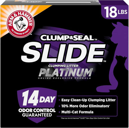 ARM & HAMMER Slide Platinum Easy Clean-Up Clumping Cat Litter, 18 Lbs | 24/7 Odor Control, Triple-Action Freshness, Non-Stick, Easy Clean Up, Low Tracking, Multi-Cat Formula, Scented1