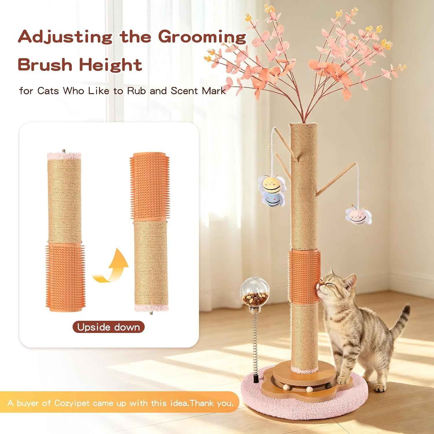 45-tall-cat-scratching-post-for-large-cats-adults-grooming-brush-track-ball-spring-feeder-3-bee-toys-sisal-rope-large-cat-scratcher-tree-with-leaves-for-indoor-cats-pink