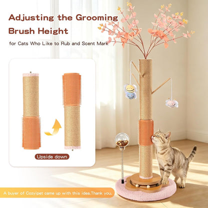 45" Tall Cat Scratching Post for Large Cats Adults | Grooming Brush, Track Ball, Spring Feeder & 3 Bee Toys, Sisal Rope Large Cat Scratcher Tree with Leaves for Indoor Cats, Pink4