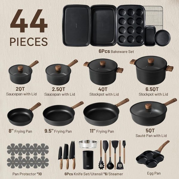 44Pcs Pots and Pans, Nonstick Cookware Set with Bakeware | Induction Kitchen Cooking Set, Durable, Easy Food Release, Even Heating, with Knife Set2