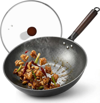 13 Inch Carbon Steel Wok with Lid, Large Flat Bottom Woks & Stir-Fry Pan | Large Chinese Wok Pan, 6.45QT, Nitrided Carbon Steel, No Chemical Coating, for All Stoves1