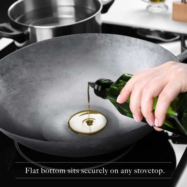 Flat Bottom Wok with Lid, Hand Hammered Carbon Steel Wok Set, 14"5