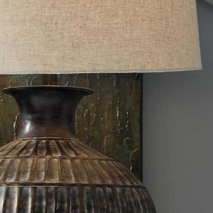 Signature Design by Ashley Magan Metal Table Lamp, 28", Antique Bronze | Antique Bronze-Tone Metal Base, Textured Pattern, Fabric Modified Drum Shade, Living Room or Entryway Use, 3-Way Switch9