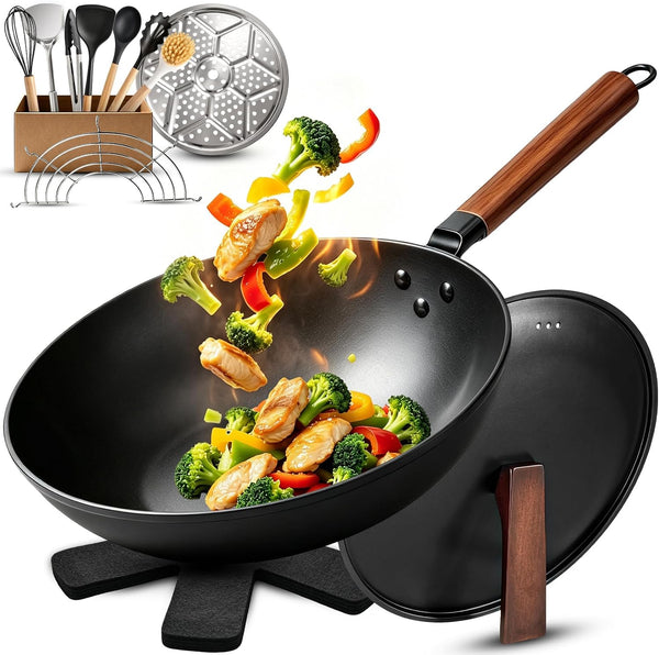 13'' Carbon Steel Wok, 12 Piece Wok Pan & Stir-Fry Pans Set with Lid | No Chemical Coated Flat Bottom Chinese Wok Pan1