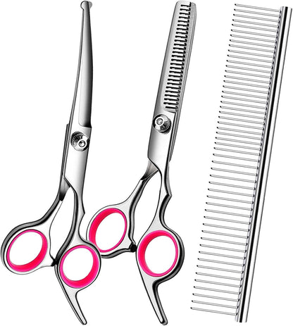 Dog Grooming Scissors Kit, Premium Stainless Steel Dog Shears with Curved Shears, Sharp Durable for Dogs Cats+Pink 3 Piece1