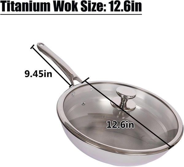 Titanium Hammered Wok with Lid, Pure, No Coating Non-Stick Titanium Pans for Cooking, Flat Bottom Wok, Ultra-Durable, Scratch-Resistant, Compatible with All Cooktops,12.6In8