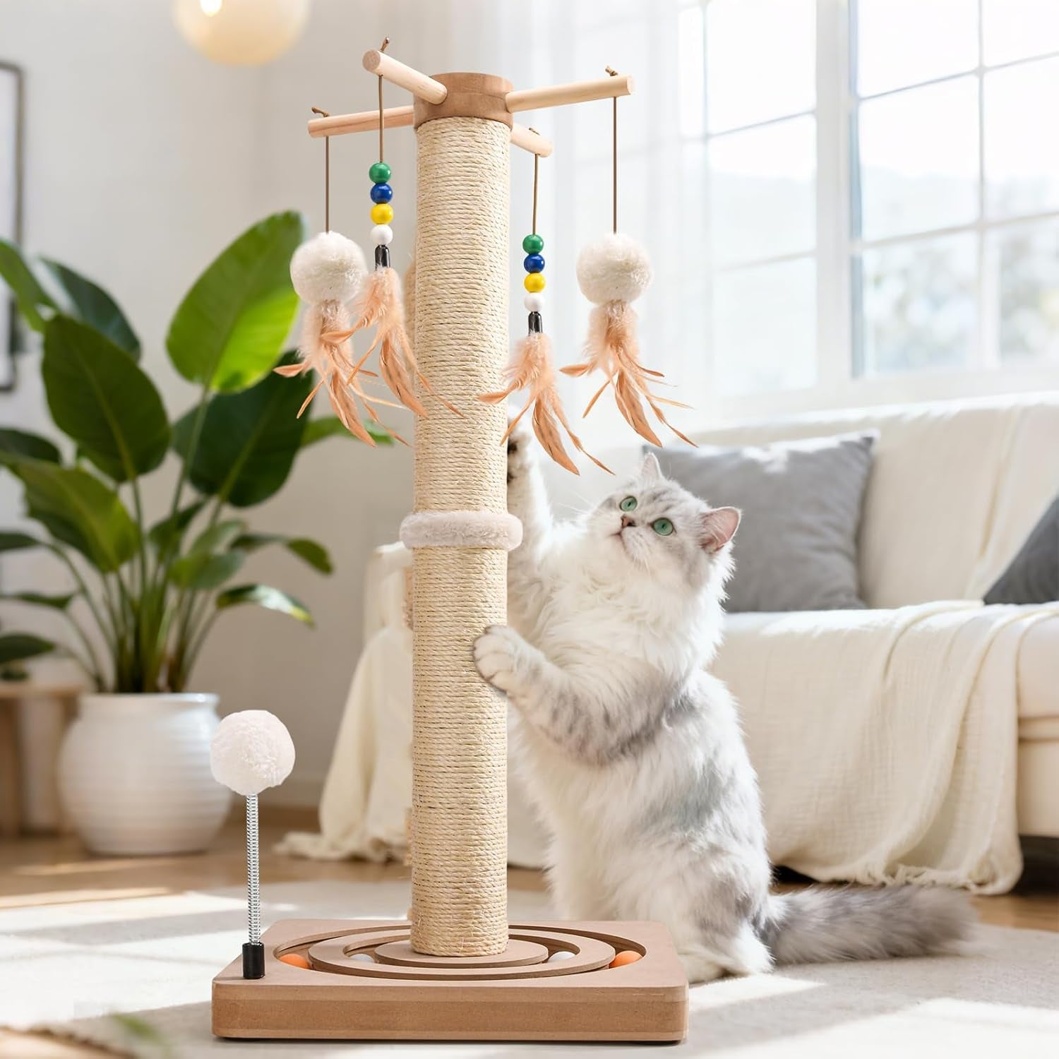 liflix-25-inches-cat-scratching-post-with-interactive-toys-sisal-cat-scratch-post-with-sturdy-ball-track-base-for-indoor-cats-and-kittens