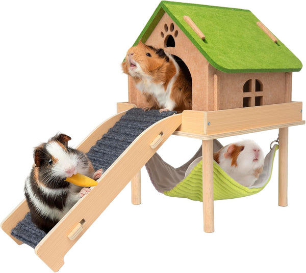 BESNEW 3 in 1 Enlarged Guinea Pig Hammock,Wooden Guinea Pig Hideout with House & Platform & Stairs Small Animal Toys for Hiding Sleeping Activities11