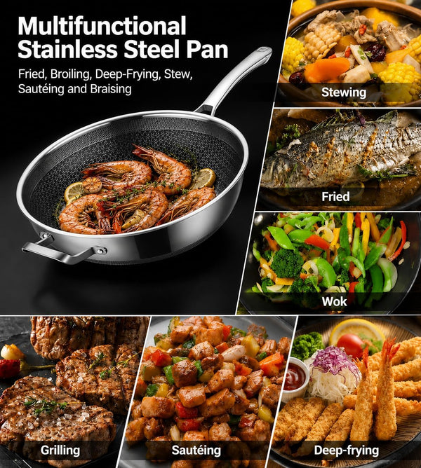 Wok Pan,Hybrid Nonstick 14 Inch Wok with Lid,Induction Non Stick Stainless Steel Large Deep Woks&Stir-Fry Pans,Stay-Cool Handle Skillets,Pfoa Free Cookware6