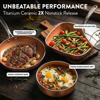 Hammered 20Pc Pots and Pans Set Non Stick Ceramic Cookware Set | Deep Frying Pan & Bakeware Set Included, Non Toxic PFOA/PFOS/PTFE Free, Induction Compatible, Oven & Dishwasher Safe3