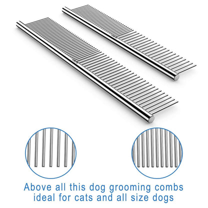 CWXZSTM Pet Steel Combs Dog Cat Comb Tool for Removing Matted Fur - Pet Dematting Comb with Rounded Teeth and Non-Slip Grip Handle - Prevents Knots and Mats for Long and Short Haired Pets,6.5In/7.4In2