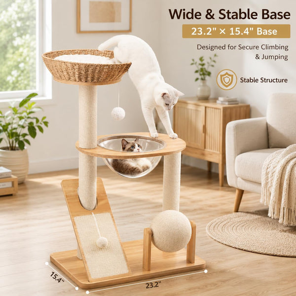 Modern Wooden Cat Tree for Indoor Cats, Furniture Style Cat Tower with Handwoven Basket and Soft Cushion, Acrylic Space Capsule, Sisal Scratching Posts & Interactive Play Ball, 38" Cat Condo4
